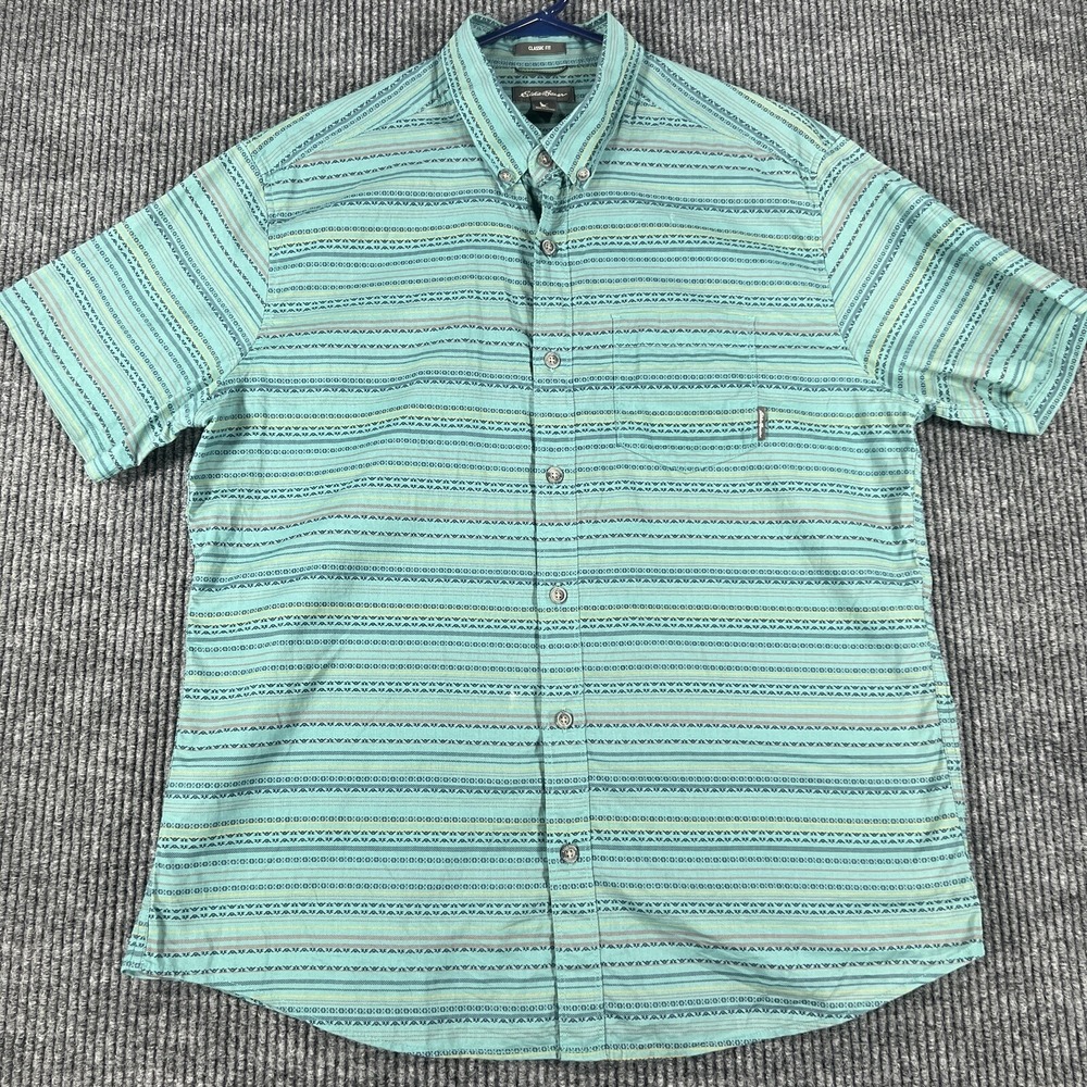 Eddie Bauer Shirt‎ Mens Large Green Striped Short Sleeve Button Up Classic Fit